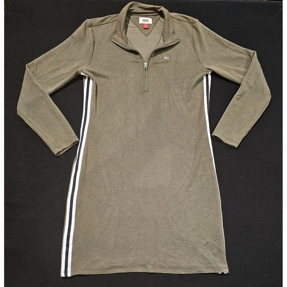 Tommy Jeans One Piece Long Sleeve Olive Green Distressed Womens Size Small Dress